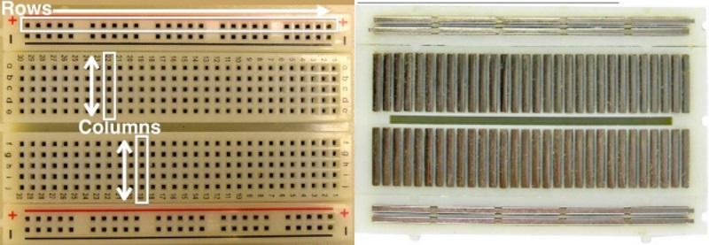 Breadboard (right) Picture of the front of the breadboard showing boxes that demonstrate the connections between the holes. (Left) Picture of the back fo the breadboard that shows the horizontal metal strips on the top and bottom of the breadboard and the vertical metal strips in the middle two sections demonstrating the conenctions